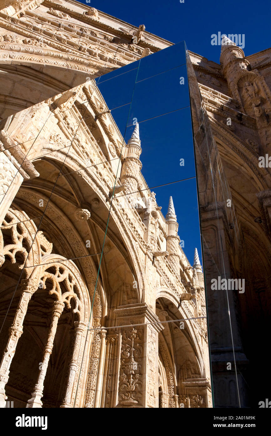 LISBON  - Facade with columns and mirror on the courtyard of the famous  Dos Jeronimos monastery Stock Photo