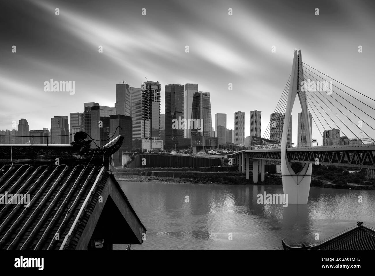 andscape of downtown near water of chongqing in blue sky Stock Photo