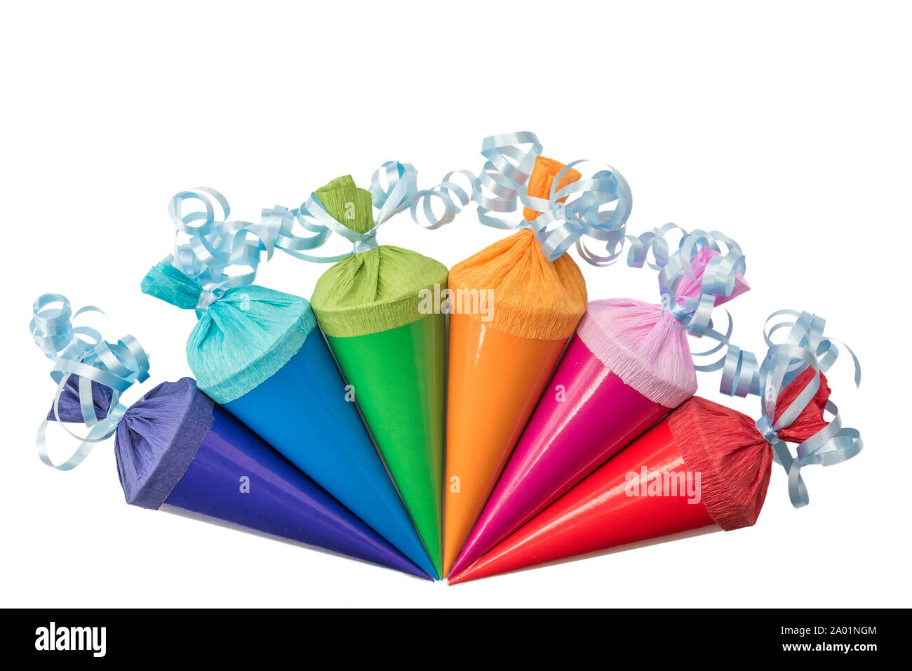 Colorful school bags on white background on the subject of school enrollment Stock Photo