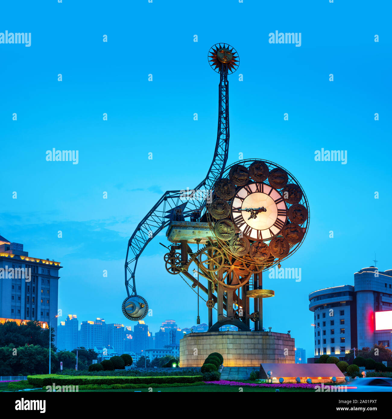 Tianjin City Night Scene and Century Clock Stock Photo Alamy