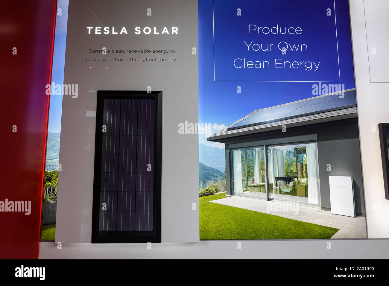 Seattle,WA/USA-9/15/29: A Tesla Solar panel at the Tesla dealership in Seattle, WA.  Tesla, Inc. is an American automotive and energy company that spe Stock Photo