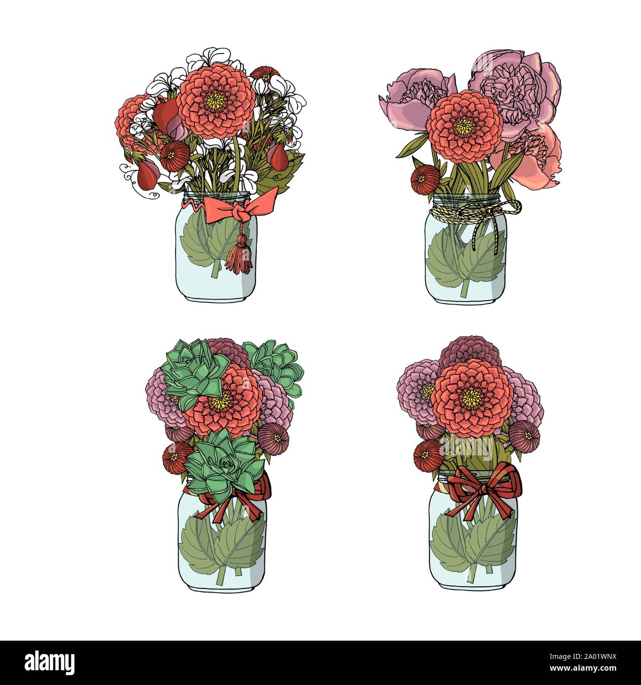 Hand drawn doodle style bouquets of different flowers, succulent, dahlia, stock flower, sweet pea, peony. Stock Vector