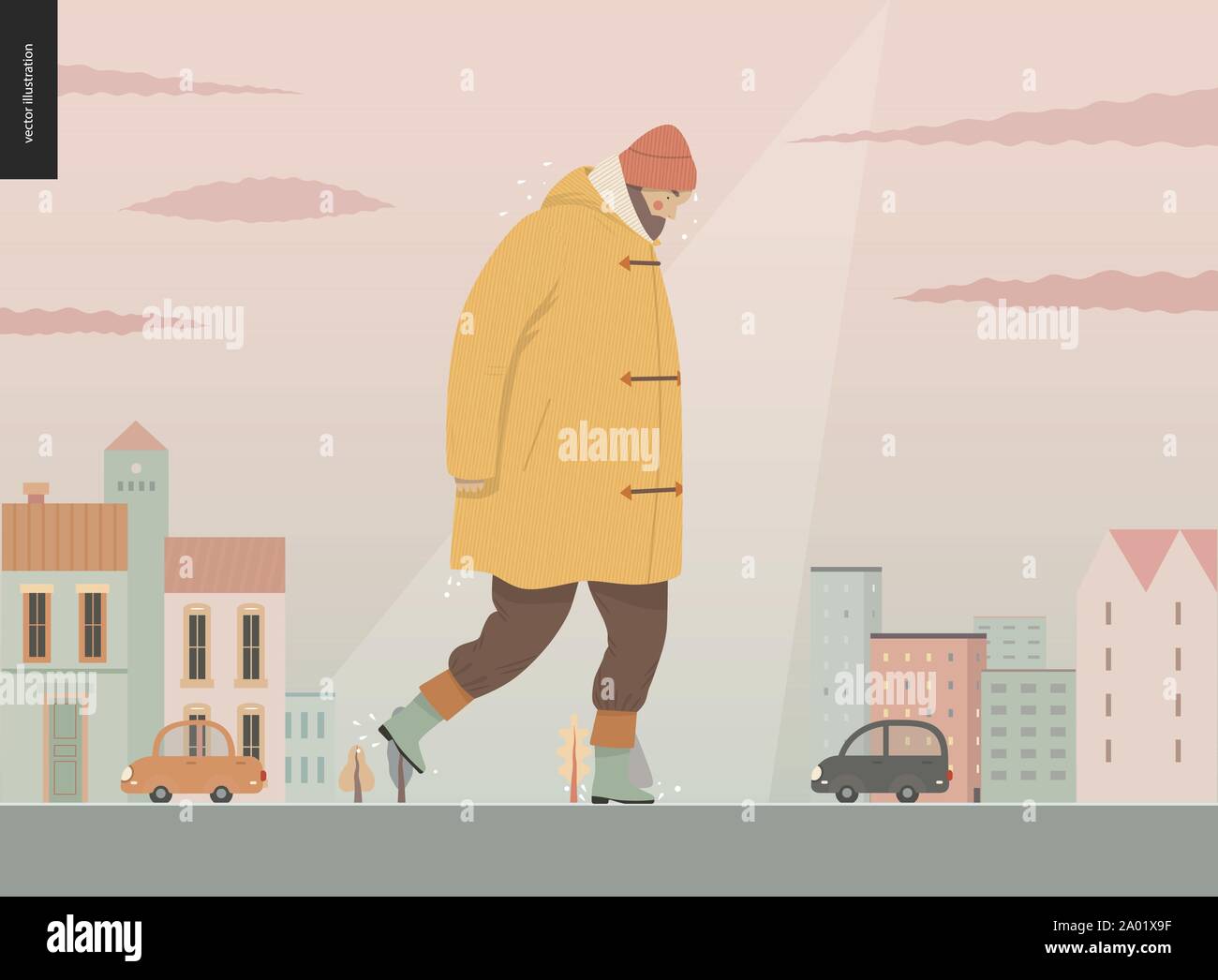 Rain - walking man -modern flat vector concept illustration of a an adult bearded man wearing a coat, a wool cap and boots, walking under the rain in Stock Vector