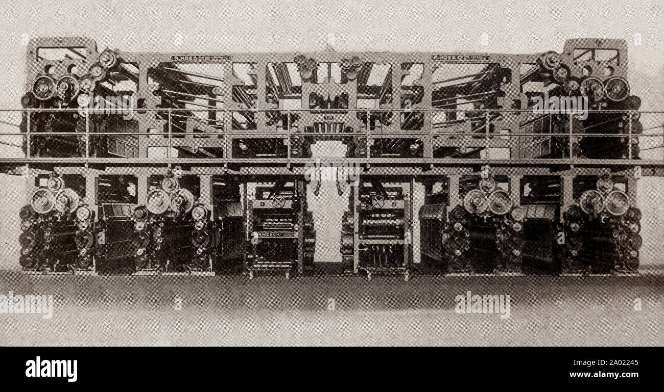 The latest engineering and technology from the 1930s: a modern, giant newspaper press powered by 2 85 HP motors. It can produce 100,000 24 page newspapers per hour and also has automatic folders and late news devices. Stock Photo