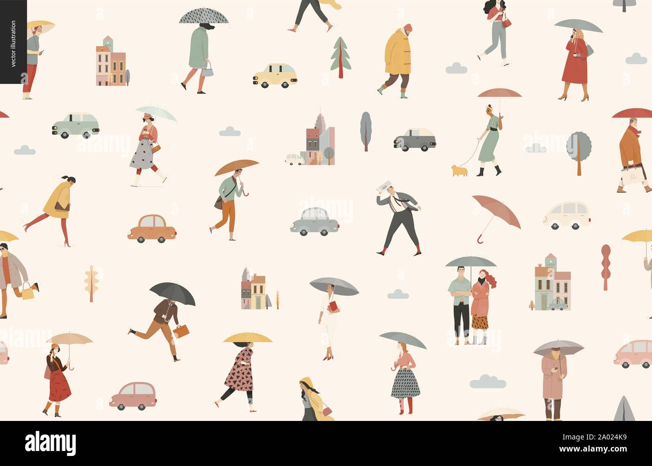 Rain -walking people seamless pattern -modern flat vector concept illustration of people with umbrella, walking or standing in the rain in the street, Stock Vector