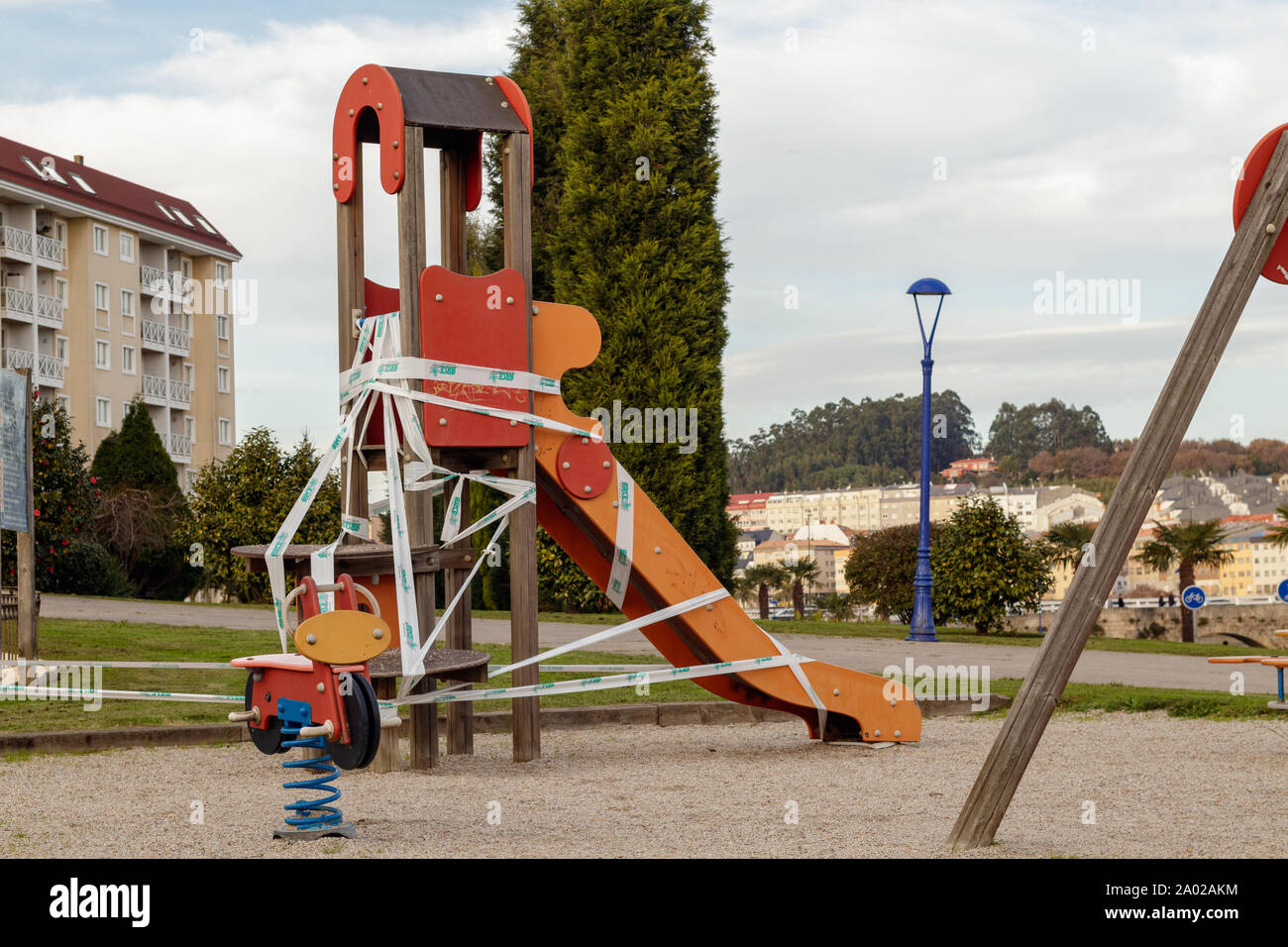 Cambre / Spain - Deember 26 2018: Cordoned off slide in a playground in Cambre Spain Stock Photo