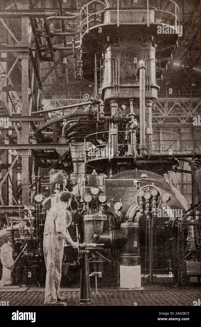 The latest engineering and technology from the 1930s: A giant gas compressor capable of compressing gasses to 250 times atmospheric pressure, used in the manufacture of ammonia at that time by the action of compressing hydrogen and nitrogen. Stock Photo
