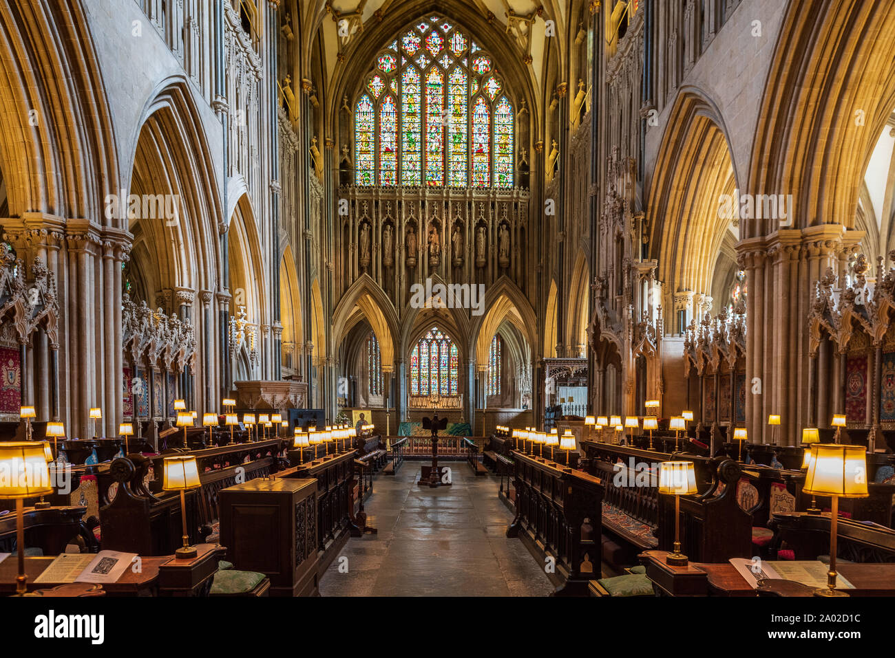 Wells Cathedral Interior. Wells Cathedral in Wells Somerset was built between 1176 and 1450. Anglican. Interior view of choir stalls. Stock Photo