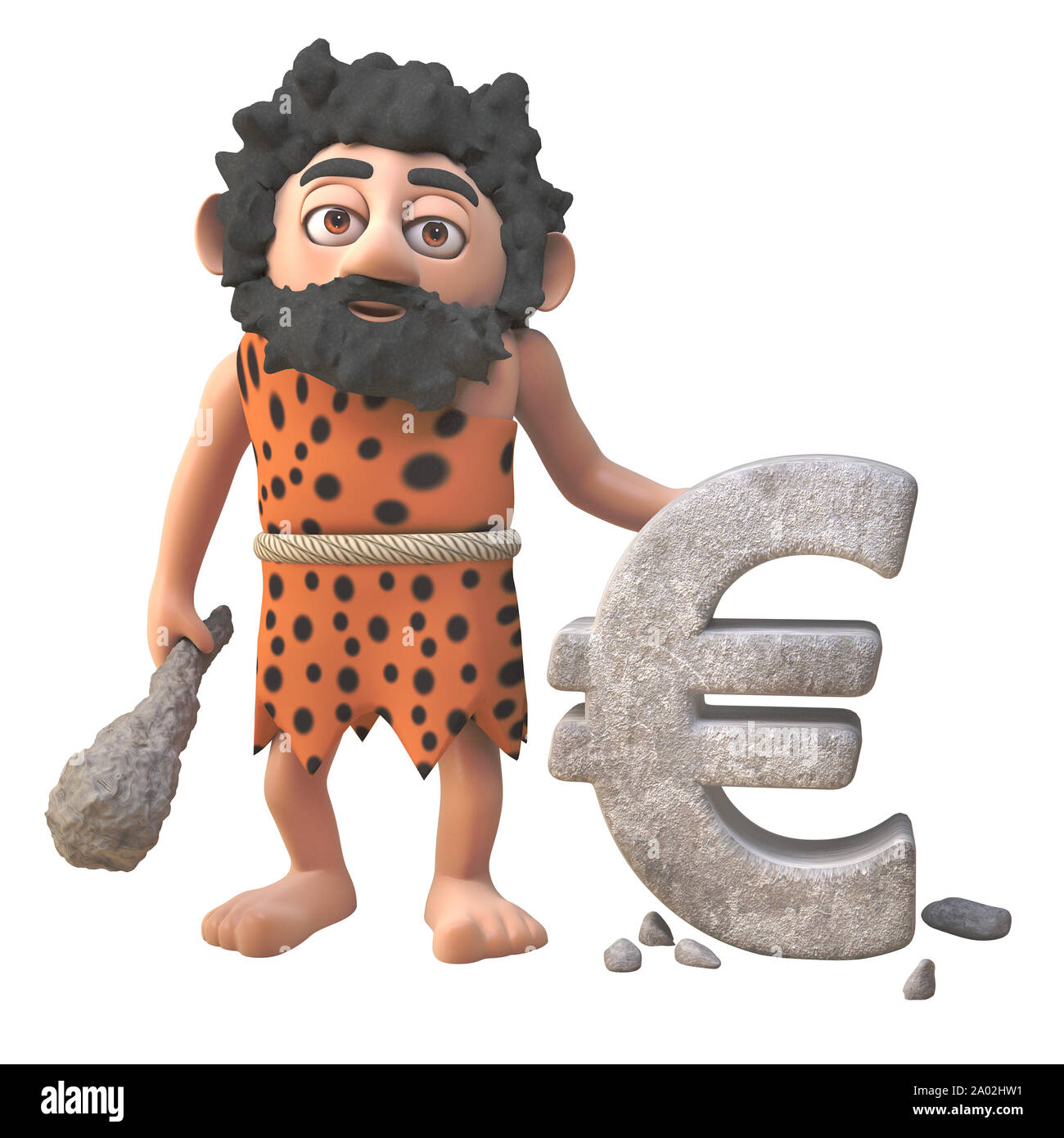 Funny 3d cartoon prehistoric caveman character carving a Euro currency symbol in rock, 3d illustration render Stock Photo