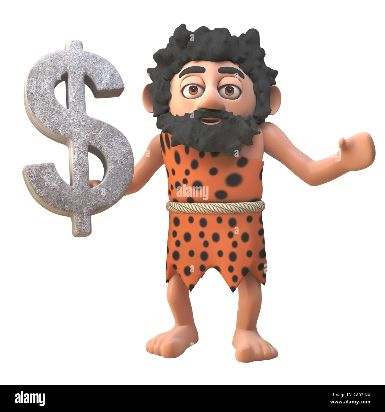 3d cartoon prehistoric caveman character holding a rock US Dollar currency symbol, 3d illustration render Stock Photo