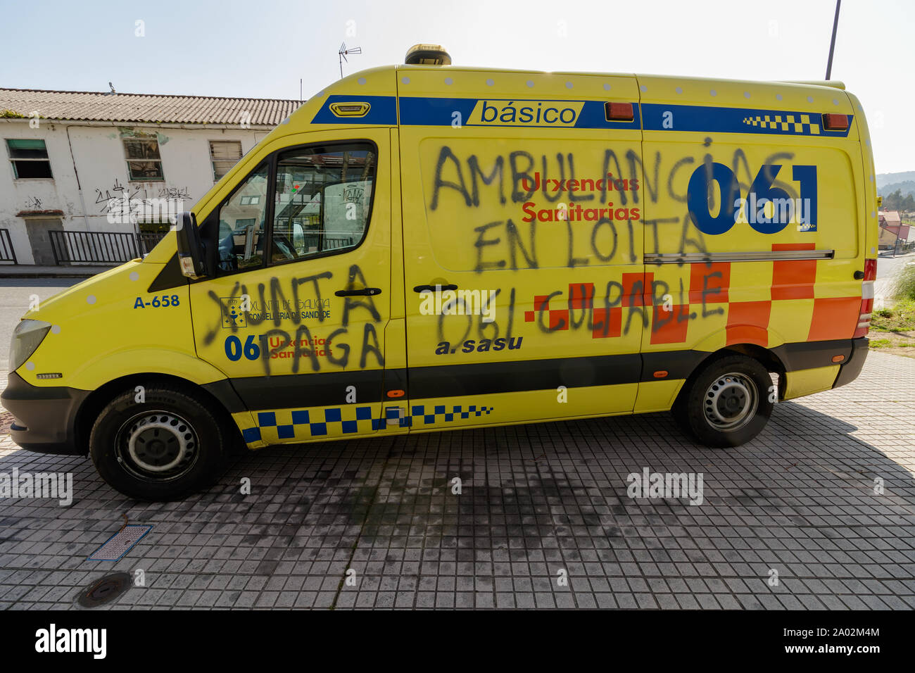 Cambre / Spain - March 16 2016: vandalised ambulance in Cambre La Coruna Spain Stock Photo
