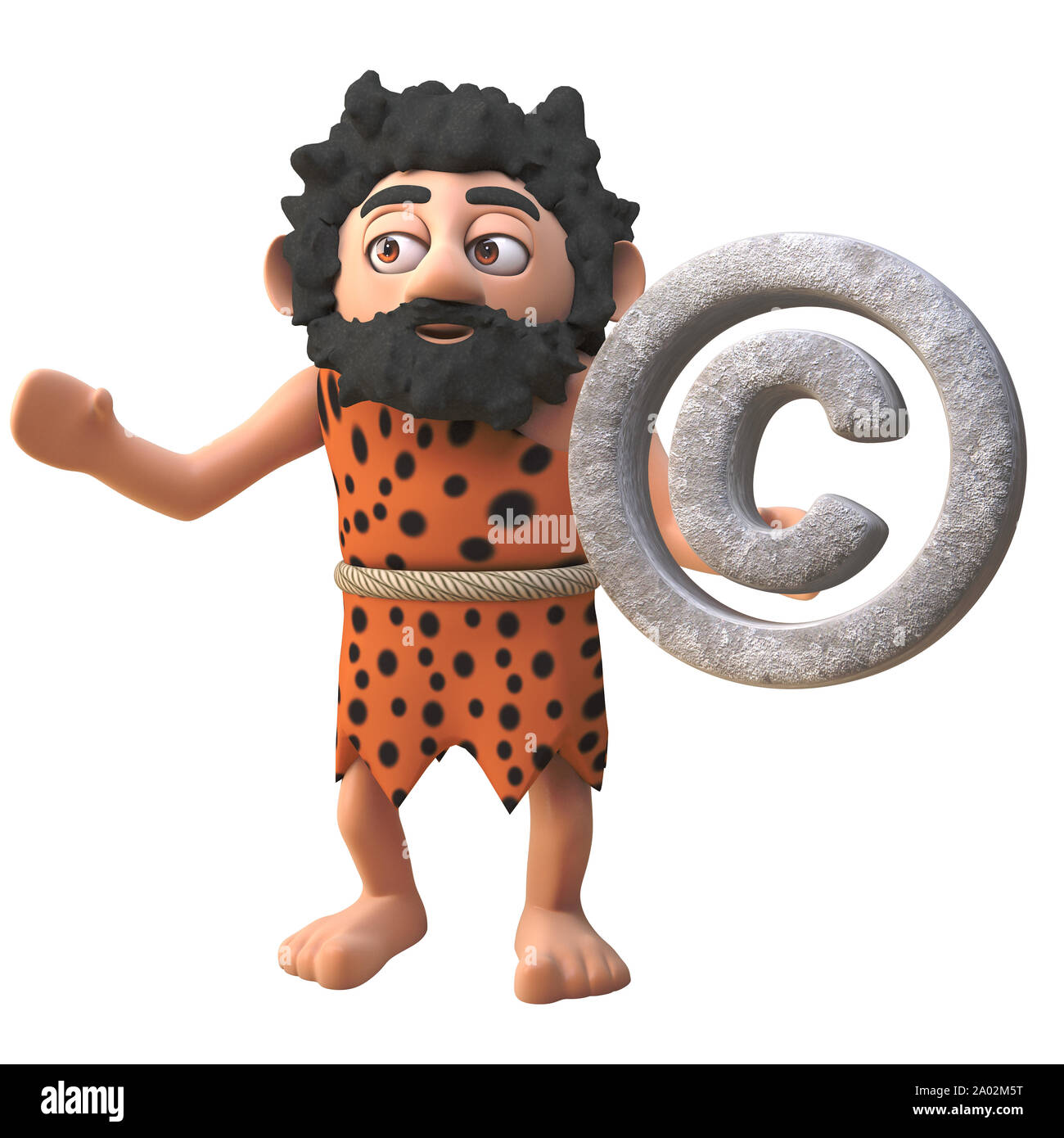 Cartoon 3d prehistoric caveman character holding a rock copyright symbol, 3d illustration render Stock Photo