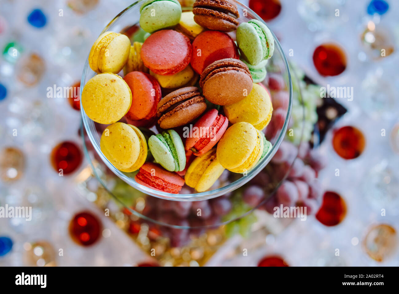 candy bar with a multicolored macaroon on candy bar, candy bar on holiday, candy bar at the wedding Stock Photo