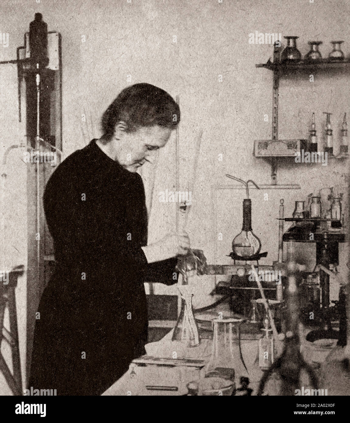 The latest engineering and technology from the 1930s: A portrait of Marie Curie ((1867–1934), Polish and naturalized-French physicist and chemist who conducted pioneering research on radioactivity. She was the first woman to win a Nobel Prize, is the only woman to win the Nobel prize twice, and is the only person to win the Nobel Prize in two different scientific fields. Stock Photo