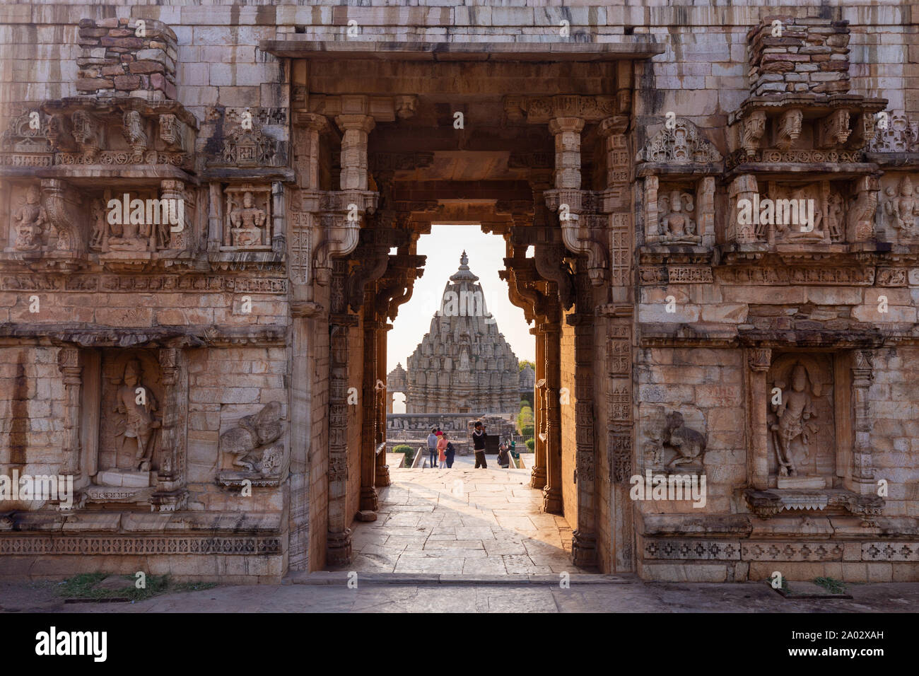 Gate with stone carvings in Chittorgarh Fort, Rajasthan, India Stock Photo