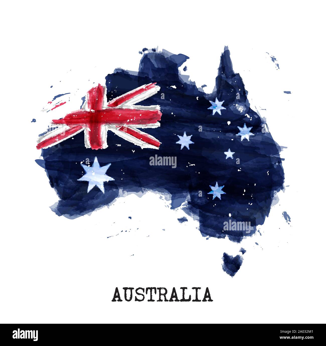 Australia flag watercolor painting design and country map shape with splatter color . isolated background . Vector . Stock Vector