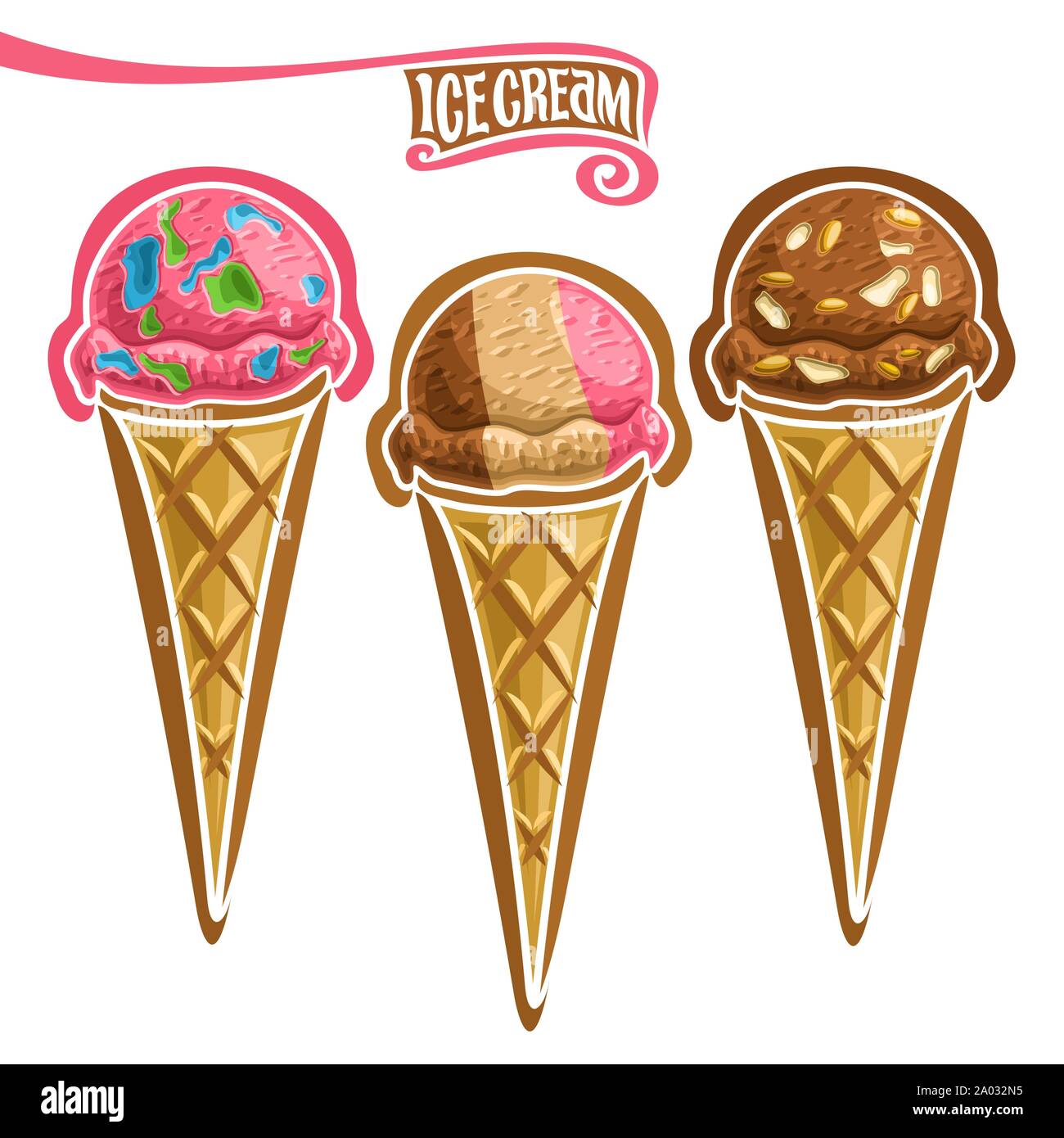 Vector set of Ice Cream in Waffle Cone: bubble gum ice cream, cold