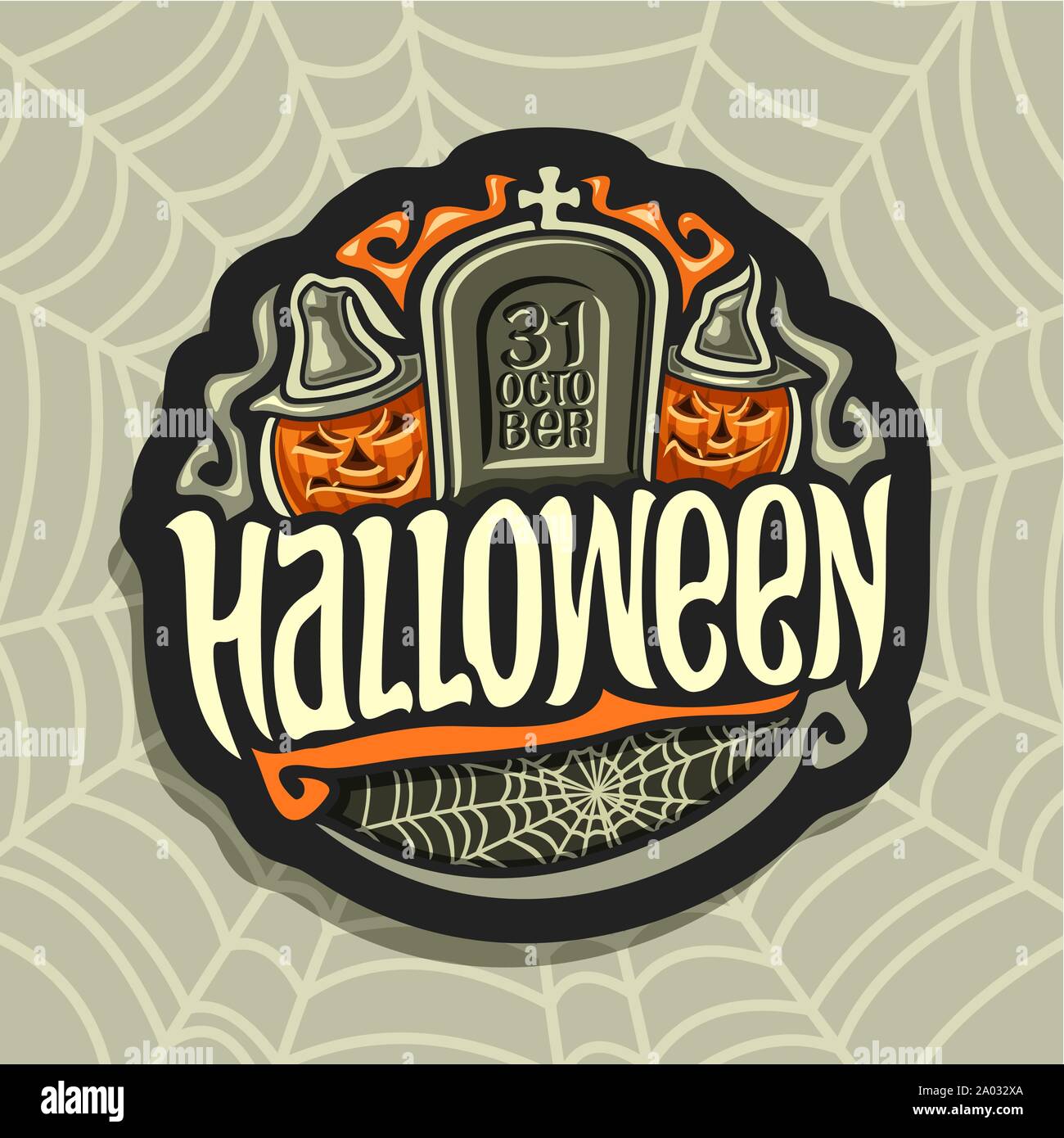 Vector logo on Halloween holiday theme: gray tombstone with inscription 31 oktober, 2 smiling characters orange pumpkins with hats, sign with text - h Stock Vector