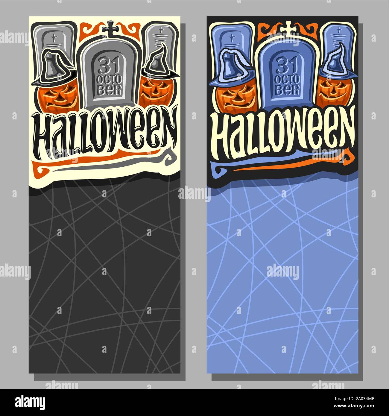 Vector vertical banners for Halloween holiday: on cemetery blue tombstone with inscription 31 oktober, 2 scary character pumpkins, layout with title - Stock Vector