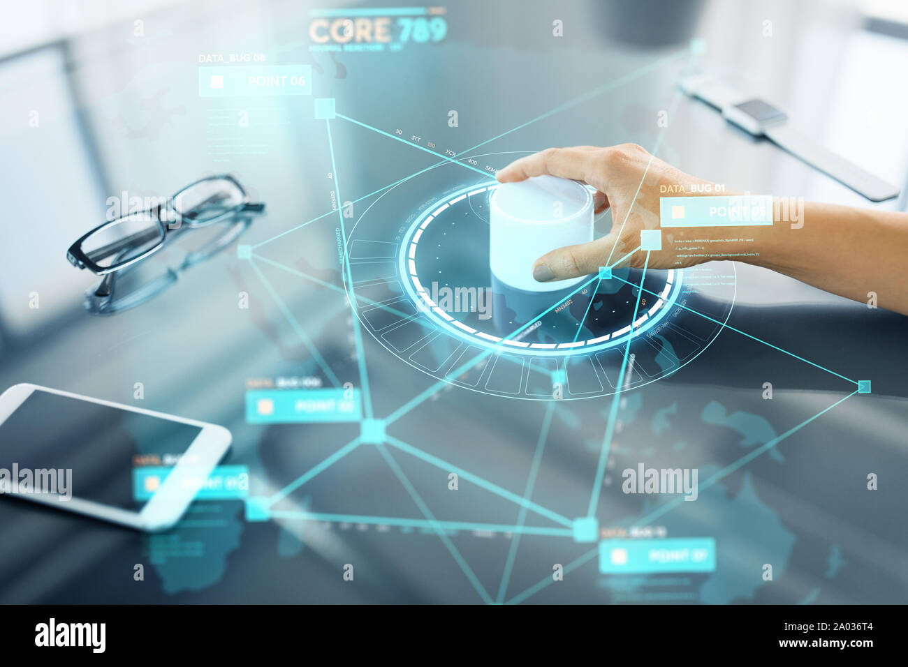 hand with control knob on interactive panel Stock Photo