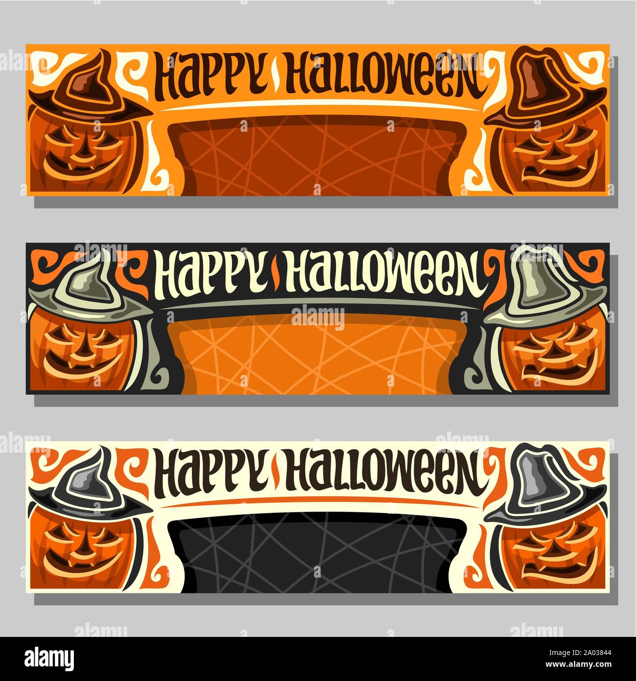 Halloween Fun Header Vector set of banners for Halloween holiday: 3 web headers with Jack-o ...