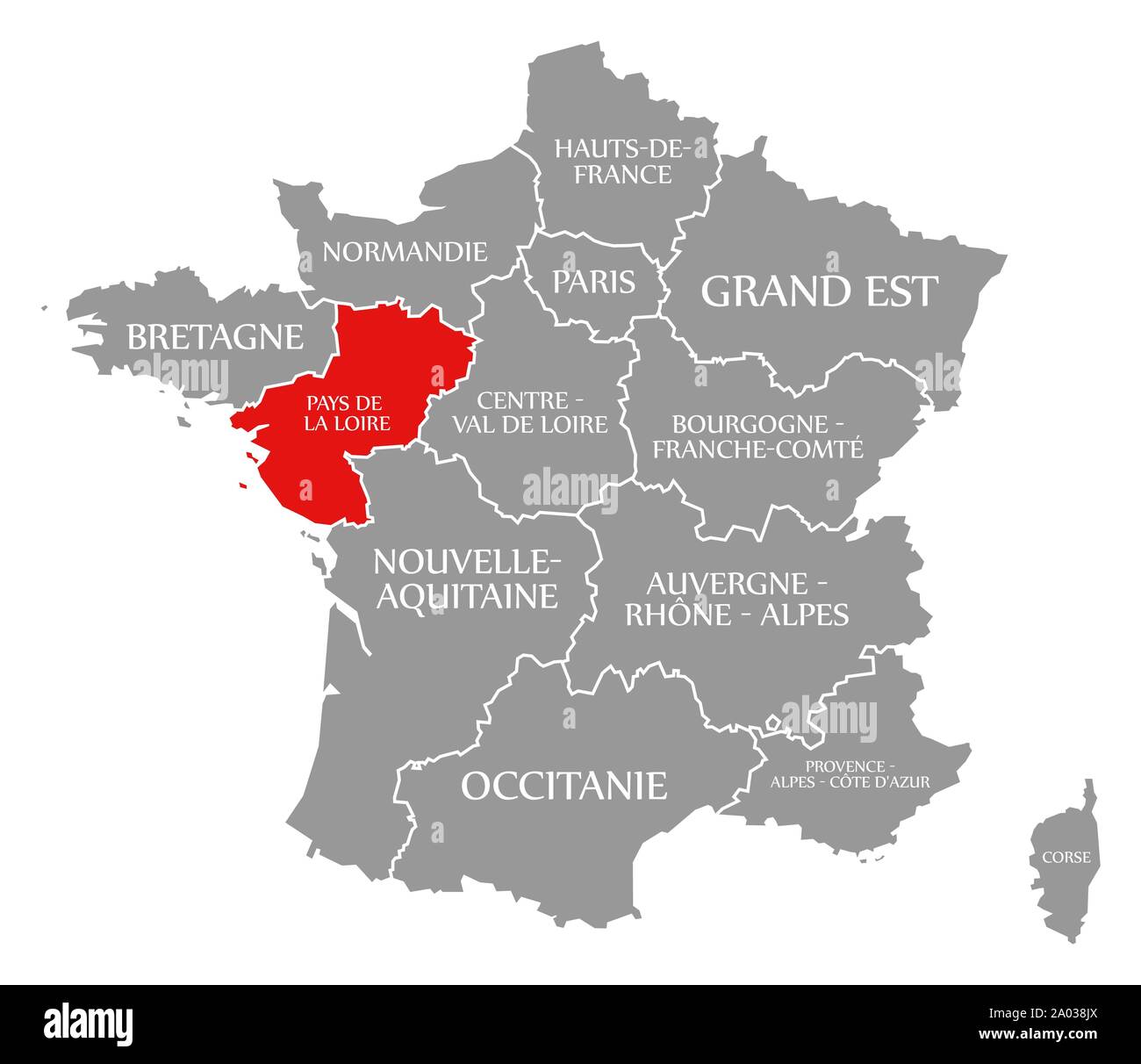 Pays de la Loire red highlighted in map of France Stock Photo