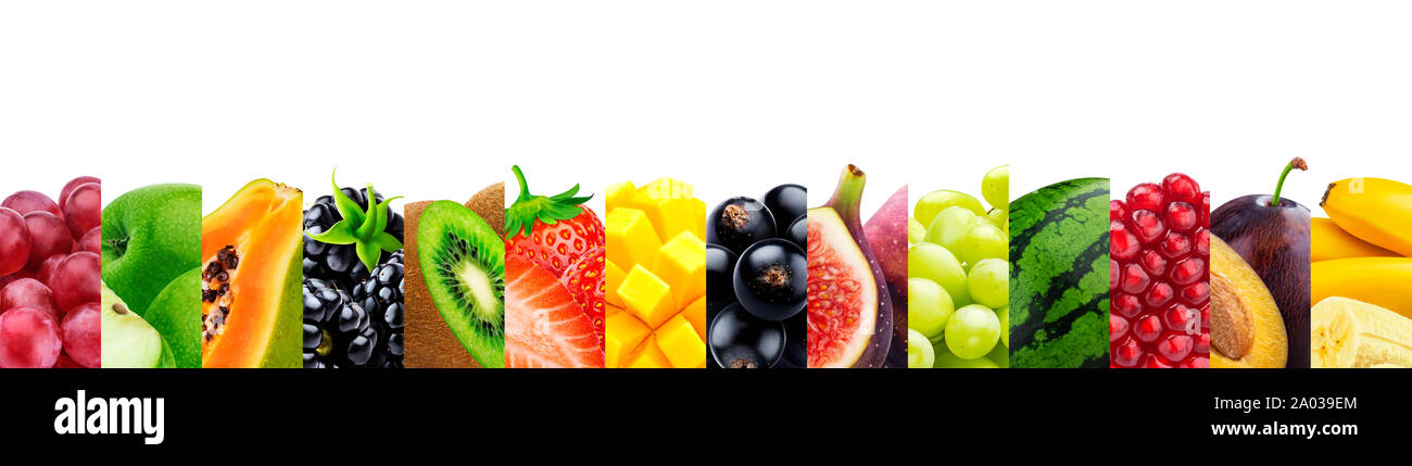 Collage of fruits isolated on white background with copy space, fresh and healthy fruits and berries close-up, panoramic photo, macro Stock Photo