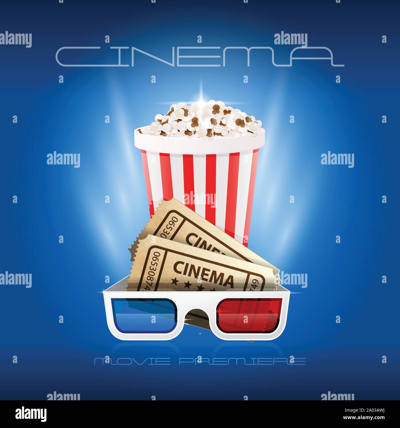 Popcorn box, cinema tickets and 3d glasses - movie premiere, first opening night Stock Vector