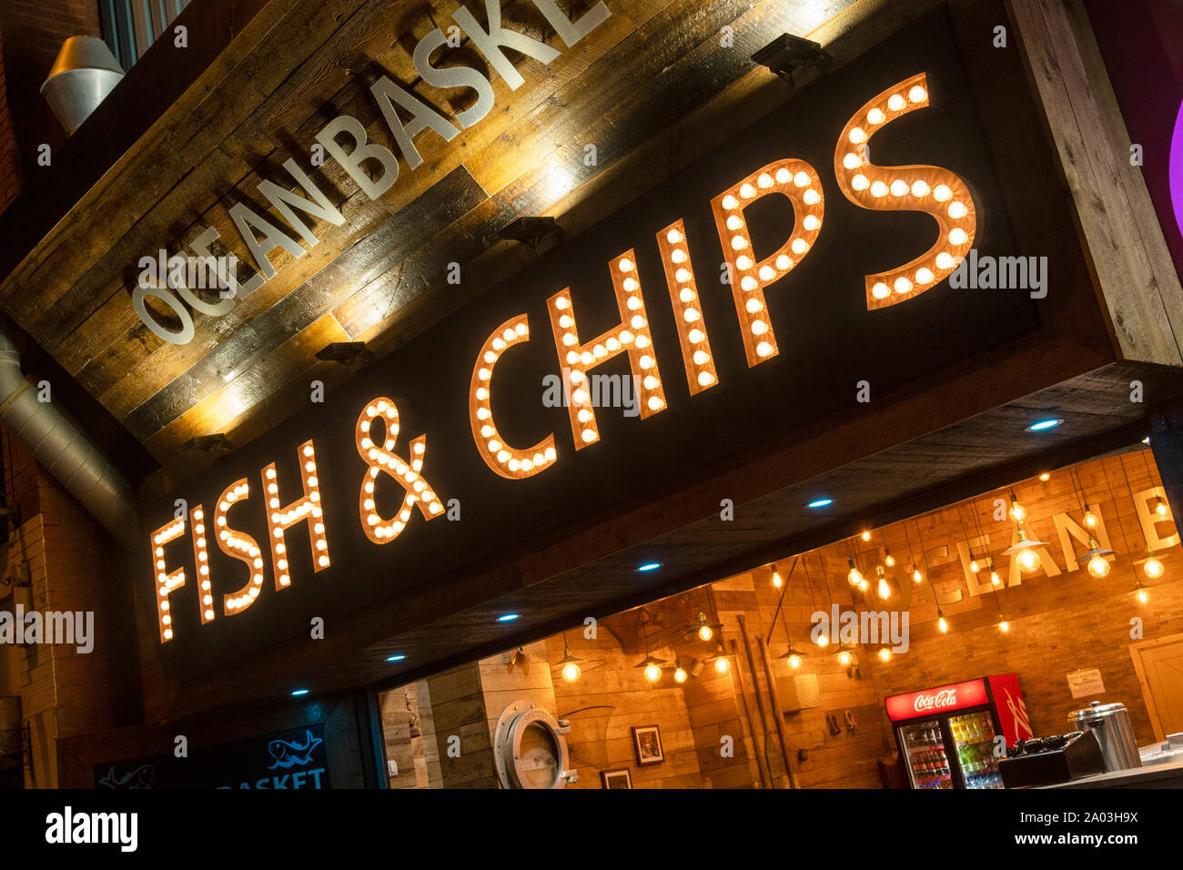 Fish & Chip sign on a shop in Blackpool, a popular holiday resort in