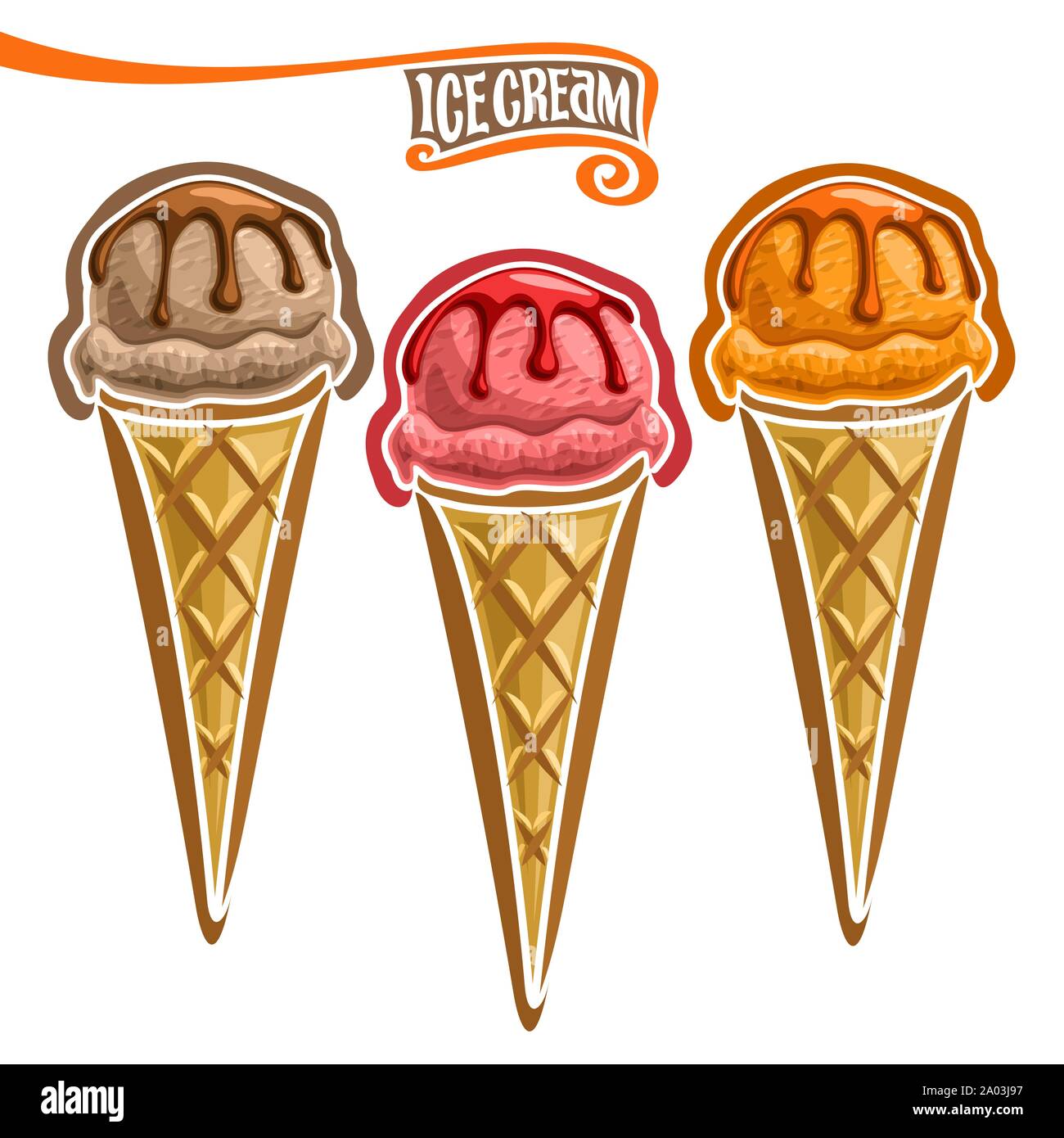 Vector set of Ice Cream in Waffle Cone: 3 wafer cones with different flavor ice cream isolated on white background. Stock Vector
