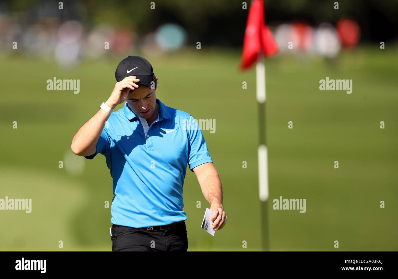 Northern Ireland's Rory McIlroy after finishing his first round at four over during day two the BMW PGA Open at Wentworth Golf Club, Surrey Stock Photo