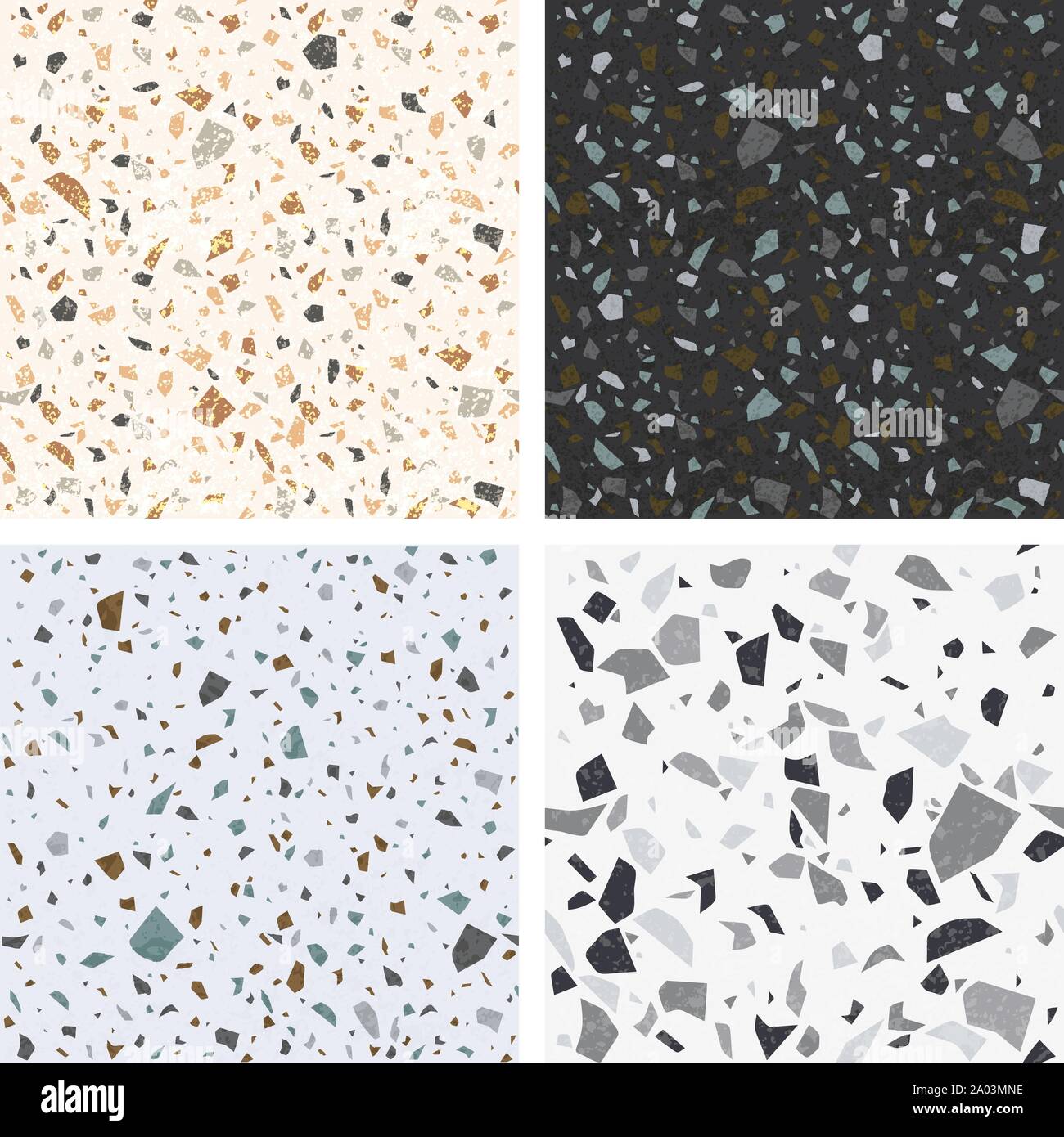 Terrazzo textures. Vector set of seamless terrazzo patterns. Venetian stone floor background for interior design Stock Vector
