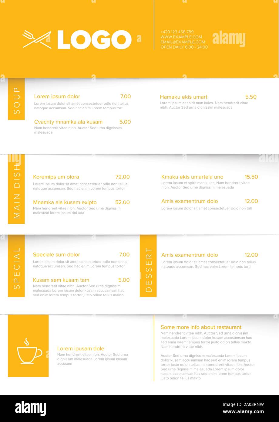 Modern light minimalistic vertical restaurant menu template with yellow
