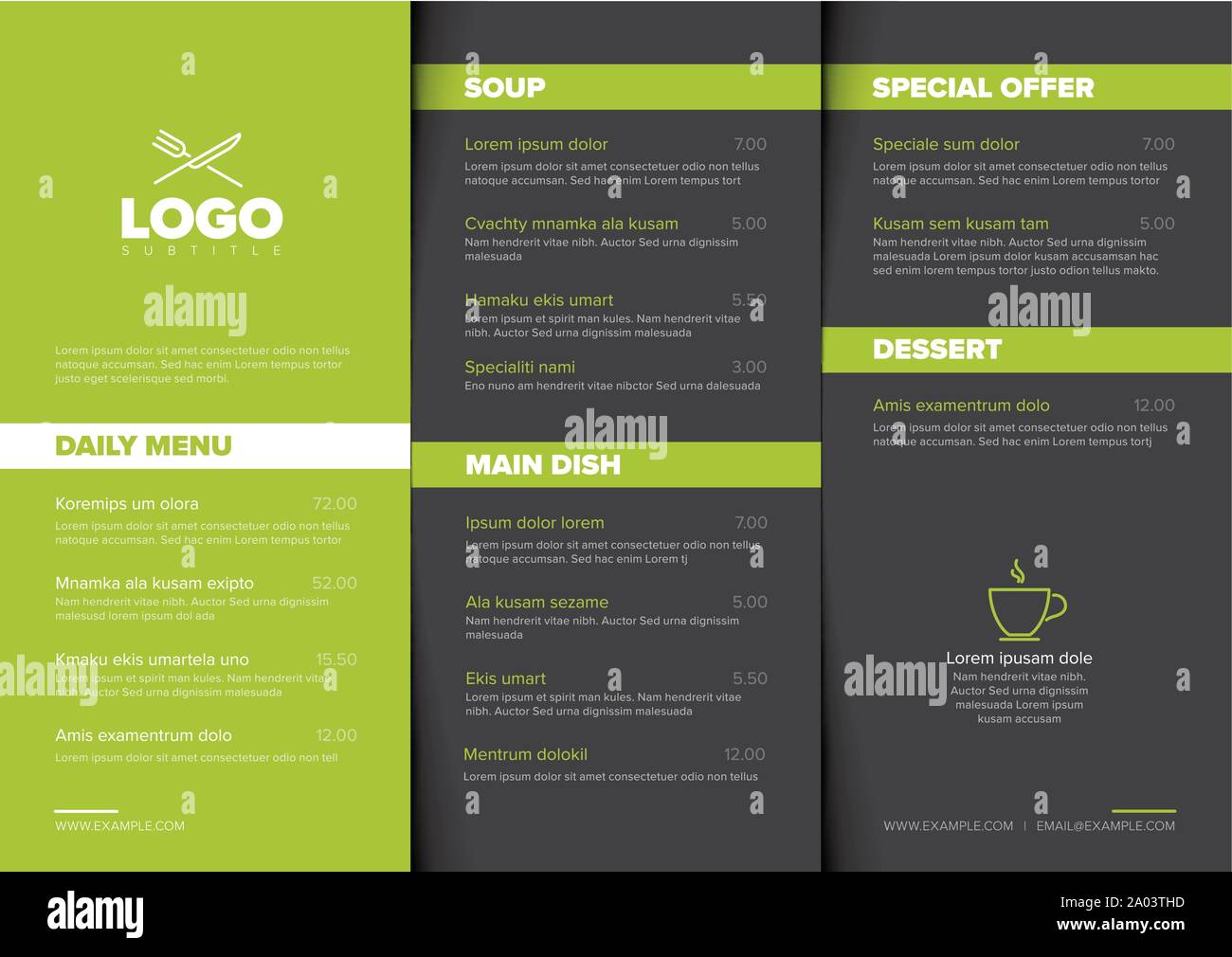 Modern dark minimalistic restaurant menu template with three columns