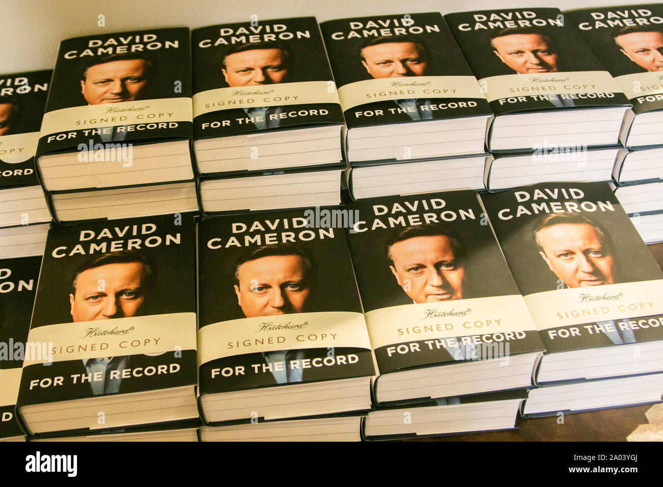 Signed copies of the autobiography book ' For the Record' by the former British Prime Minister David Cameron at Hatchards bookstore in Piccadilly, London. Stock Photo