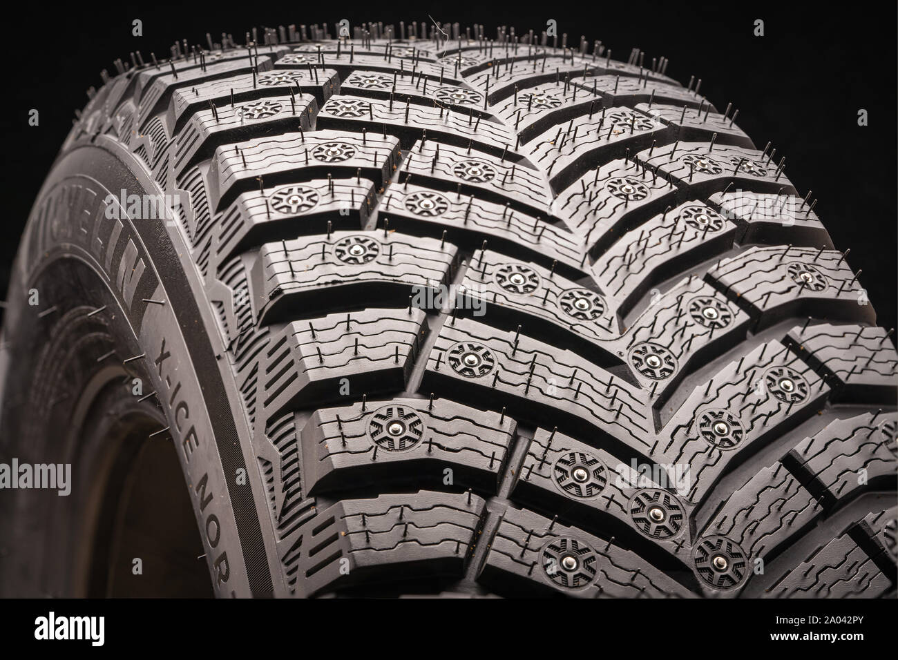Krasnoyarsk, Russia, 15 September 2019: michelin x ice north 4, new safe winter studded tire with 300 studs. close up Stock Photo
