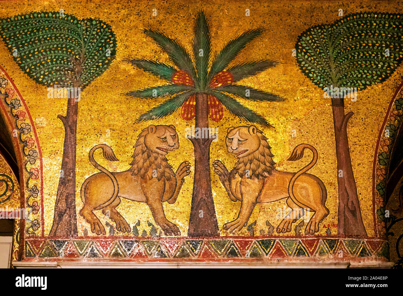 Ancient mosaics of lions in Palermo, Italy Stock Photo