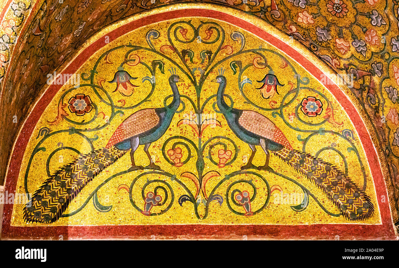 Ancient mosaics of peacocks in Palermo, Italy Stock Photo