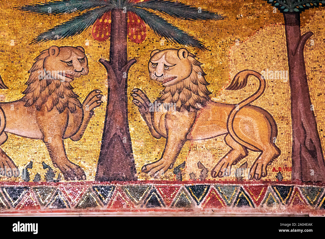 Ancient mosaics with lions in Palermo, Italy Stock Photo