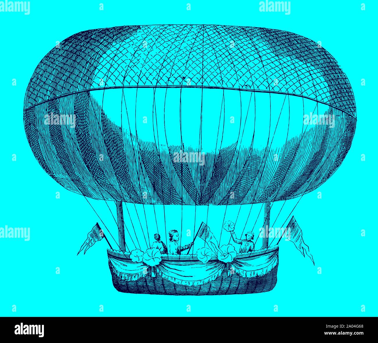 Three passengers standing in the gondola of a historic balloon in front of a blue background. Illustration after an etching from the 18th century. Edi Stock Vector