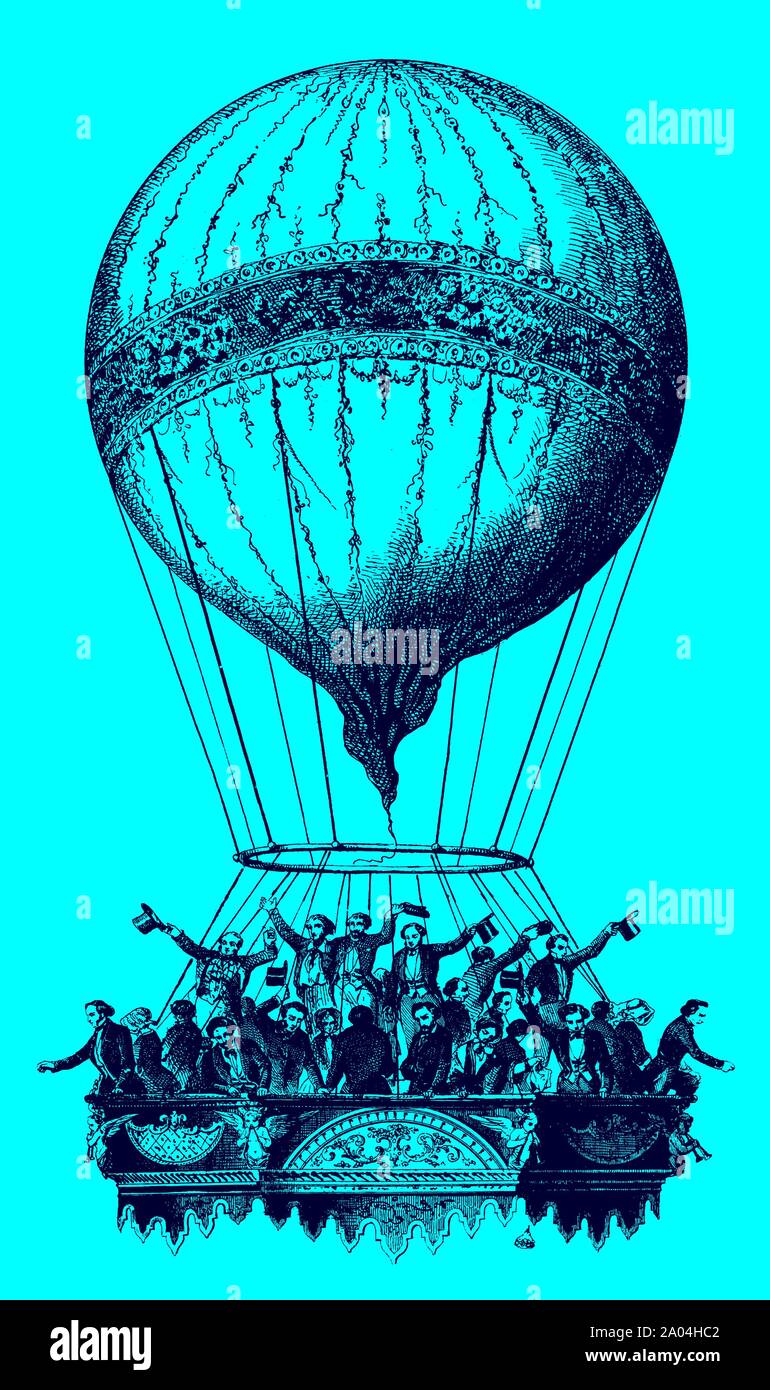 Crowd of passengers waving from the gondola of a historic balloon in front of a blue background. Illustration after a lithograph from the 19th century Stock Vector