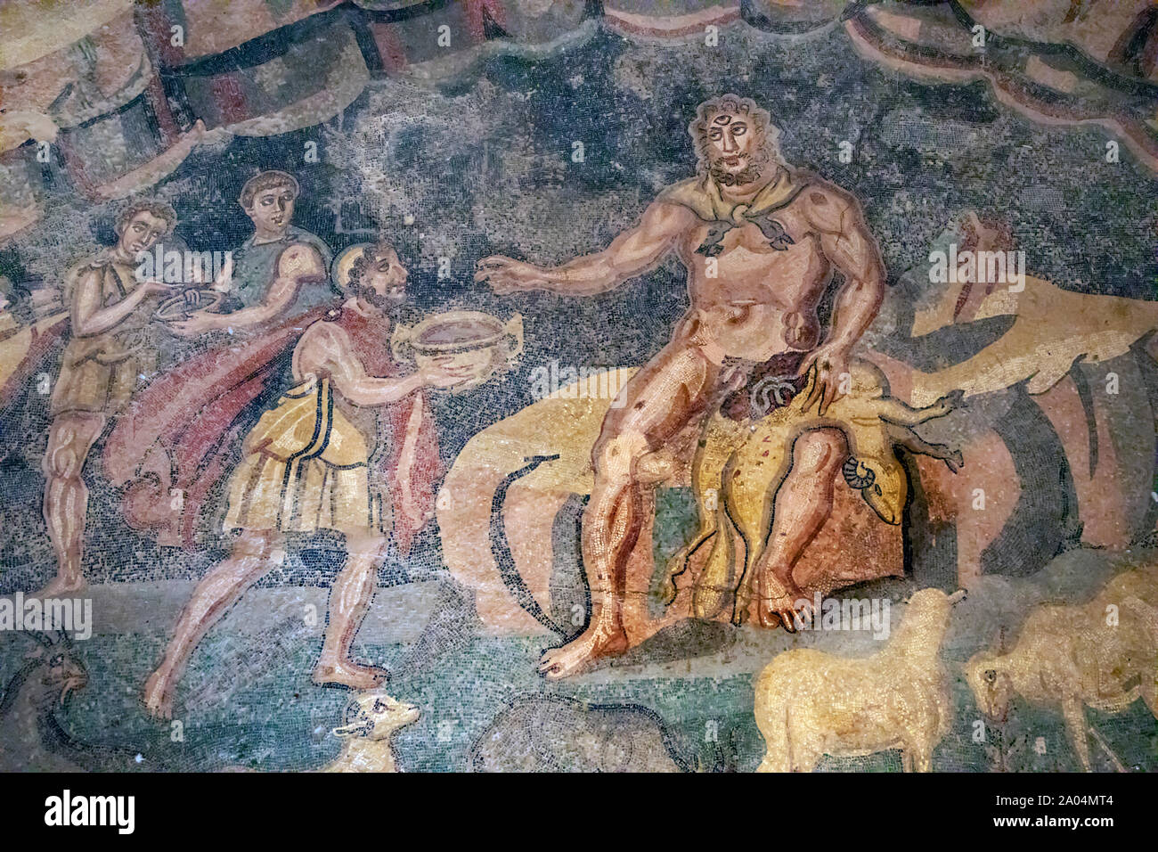 Polyphemus and Ulysses in roman mosaic of Piazza Armerina, Sicily Stock Photo