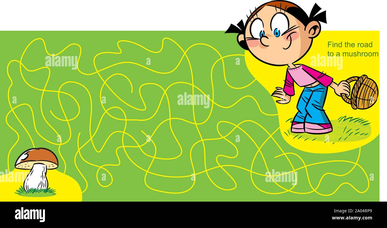 A puzzle where it is necessary to help a girl reach the fungus by a maze. Stock Vector