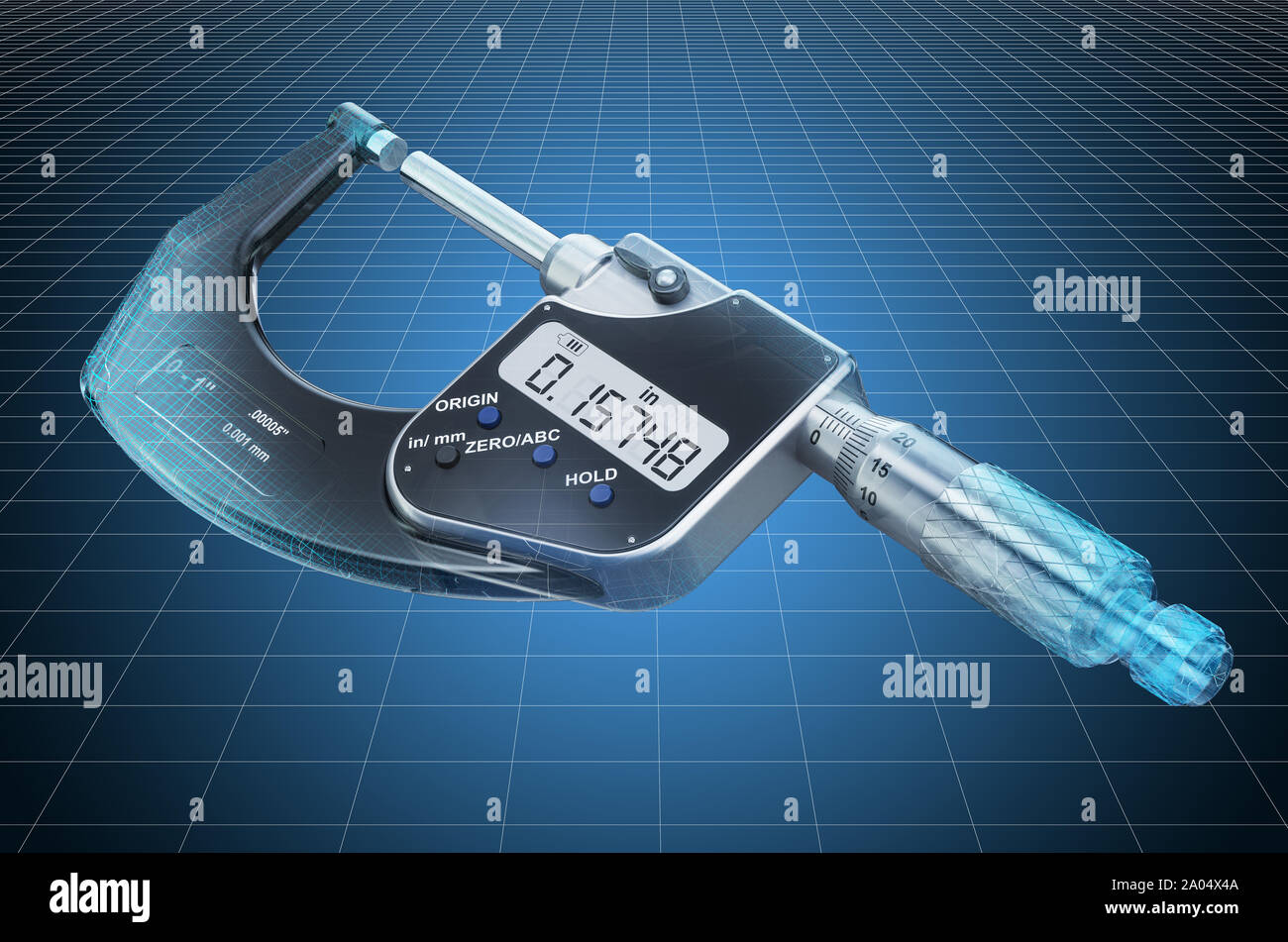 Visualization 3d cad model of digital micrometer, blueprint. 3D