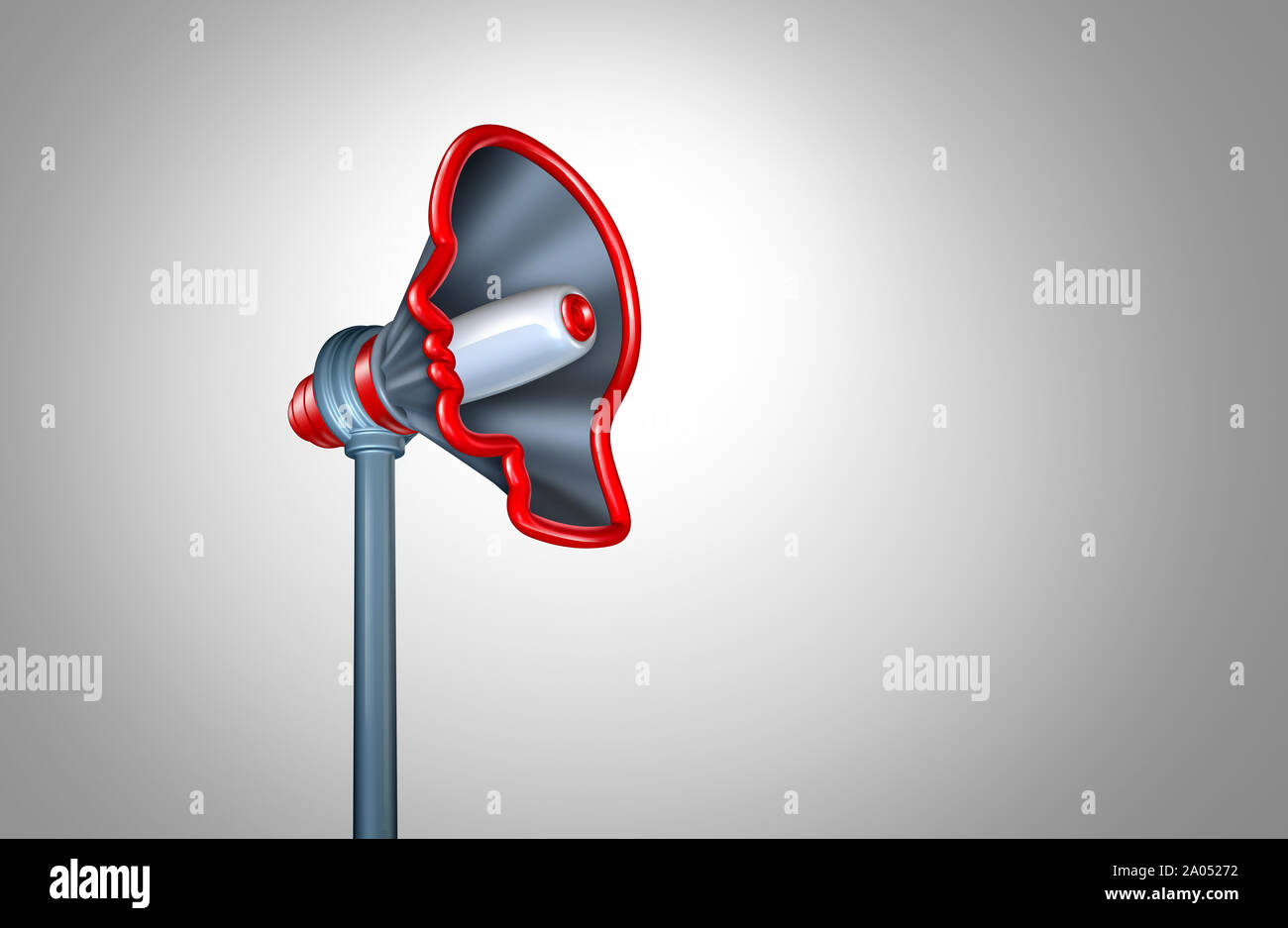 Social media influencer marketing and social promotion concept as a leading blogger or vlogger shaped as a megaphone or bullhorn influencing. Stock Photo