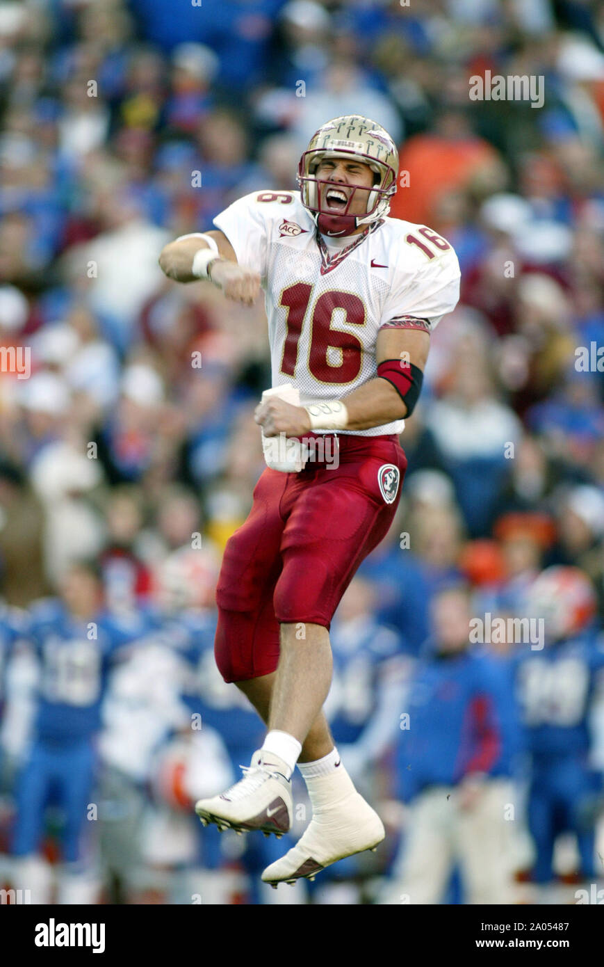 Florida State quarterback Chris Rix celebrates a second quarter touchdown during the Seminole's 38-34 victory over the Gators Saturday, November 29, 2003, at Ben Hill Griffin Stadium in Gainesville, Florida. Stock Photo