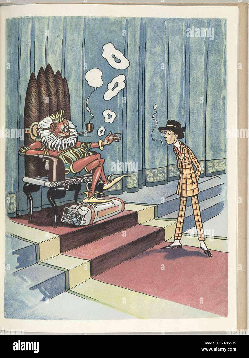a king smoking his pipe sitting upon a throne of cigars talking to a