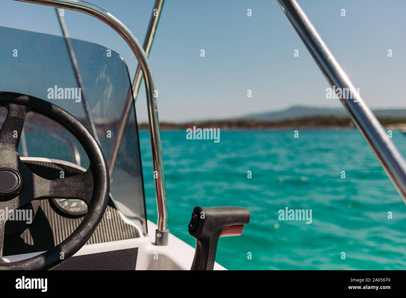 yacht control wheel and implement. Boat steering gear close up Stock