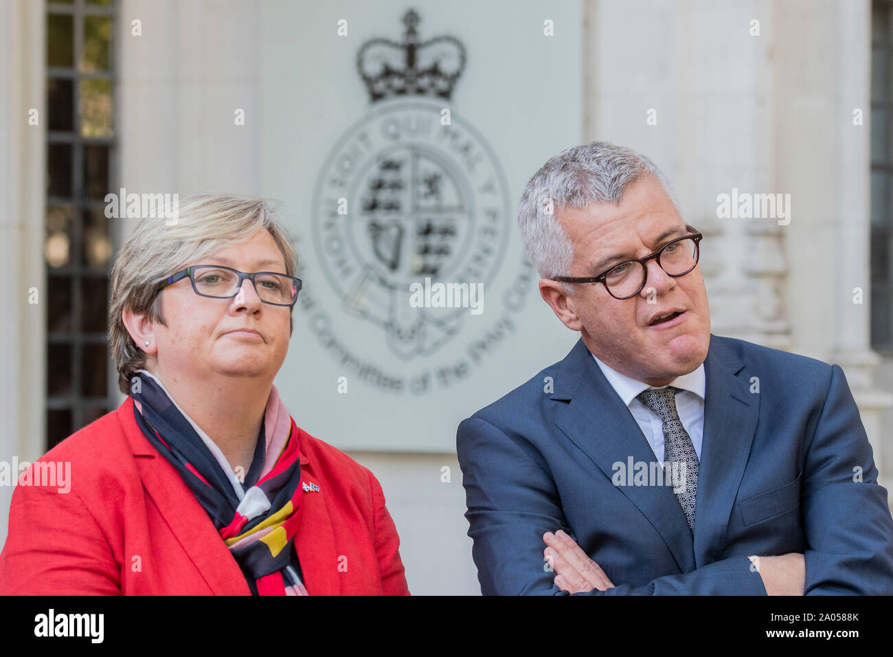 London, UK . 19th Sep 2019. Joanna Cherry and Julian Maughan speak to the press on behalf of the side seeking a recall of parliament - The supreme court, in Parliament Sqaure,  decides on Prime Minister Boris Johnson's decision to suspend parliament. Credit: Guy Bell/Alamy Live News Stock Photo