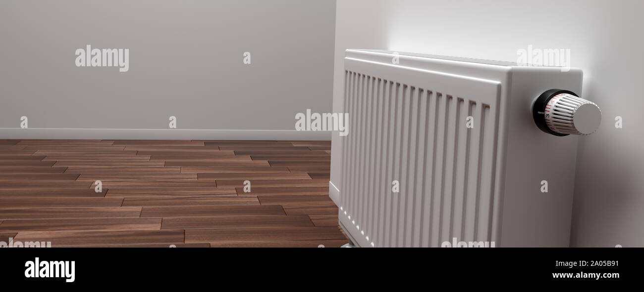 Radiator with thermostat, room interior, banner, copy space. Heating